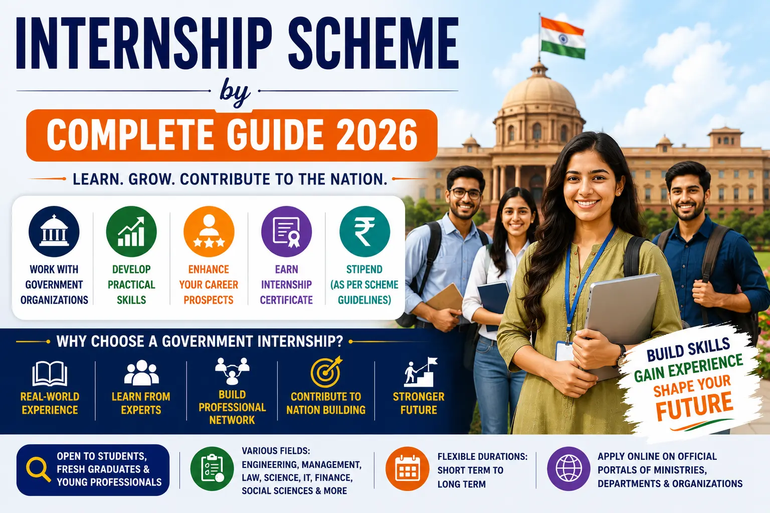 Internship Scheme by Government of India showing students participating in government internships, workplace training, skill development, certificates, and career opportunities.