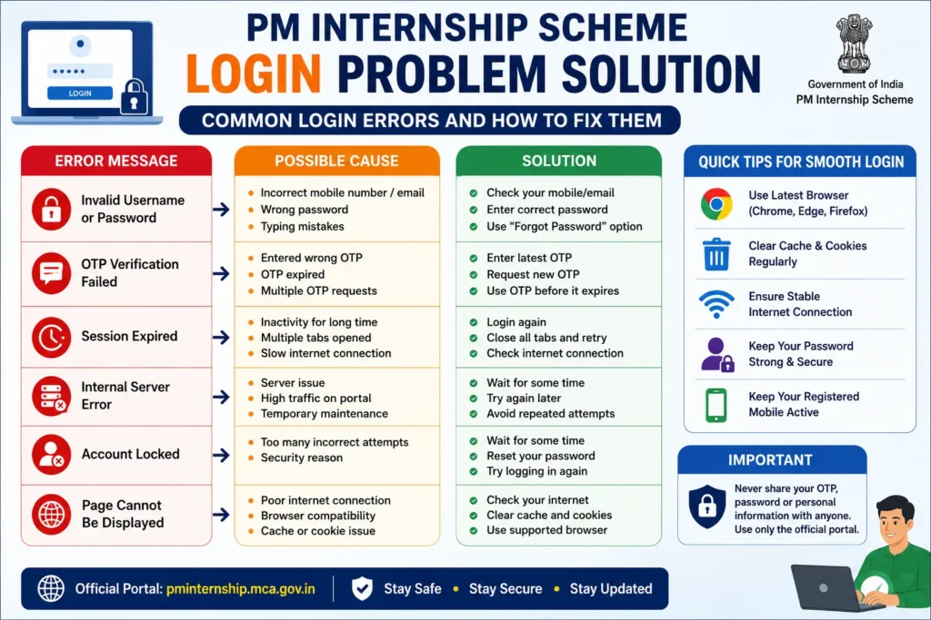 PM Internship Scheme common login errors infographic explaining invalid username, OTP verification failed, session expired, account locked, server error, and their solutions.