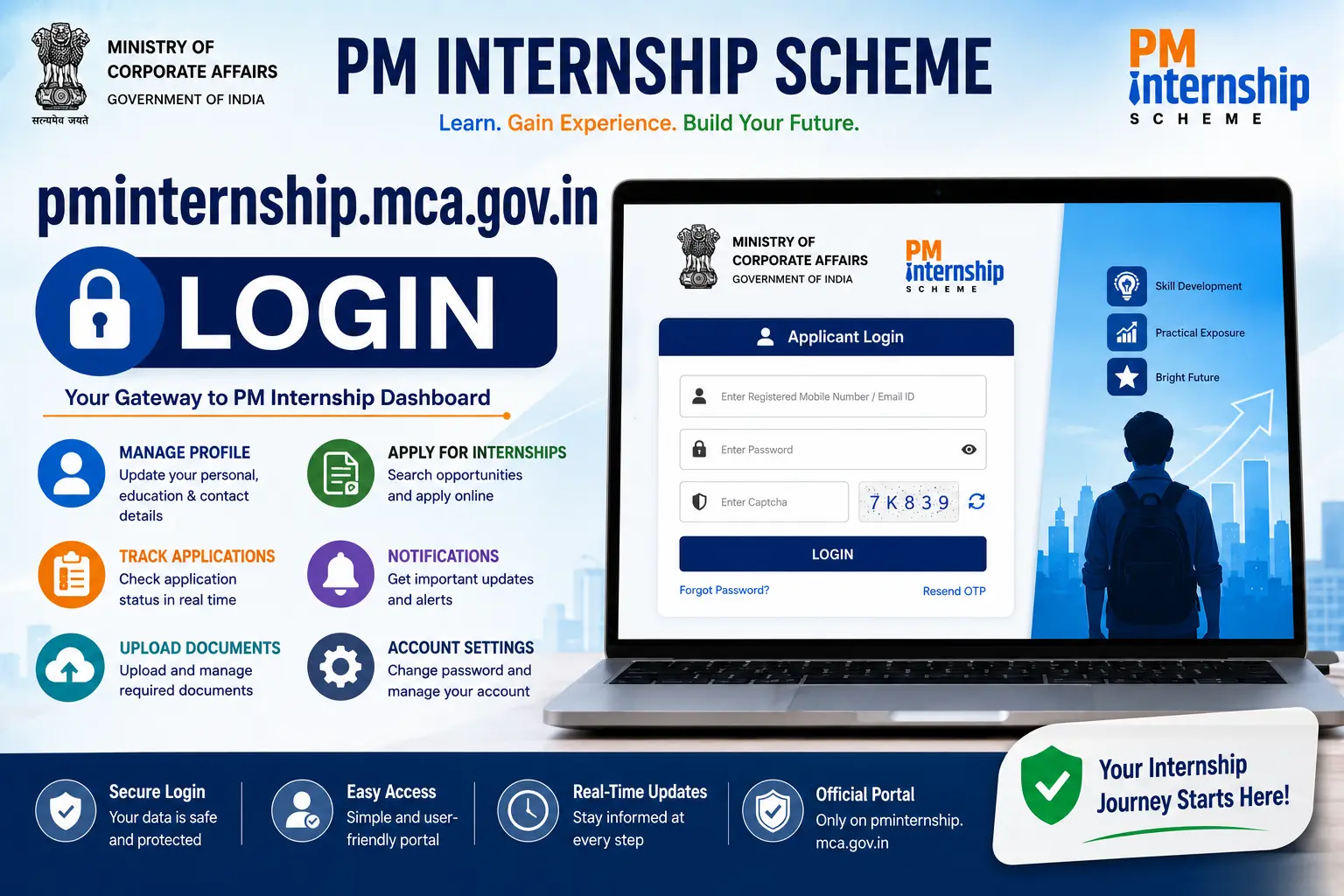 pminternship.mca.gov.in login portal showing PM Internship Scheme dashboard, secure login, application status, profile management, and internship search.