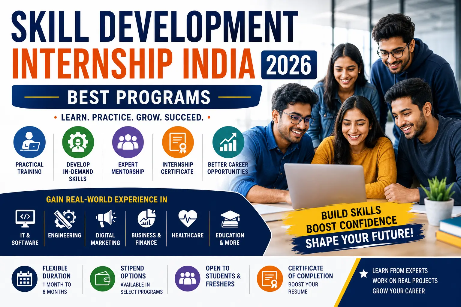 Skill Development Internship India showing students gaining practical training, technical skills, workplace experience, mentorship, certificates, and career development through internship programs.
