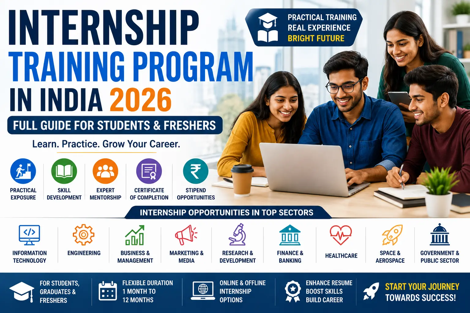 Internship Training Program in India featured image showing students participating in practical workplace training, skill development, mentorship, internship certificate, stipend opportunities, and career growth across multiple industries.
