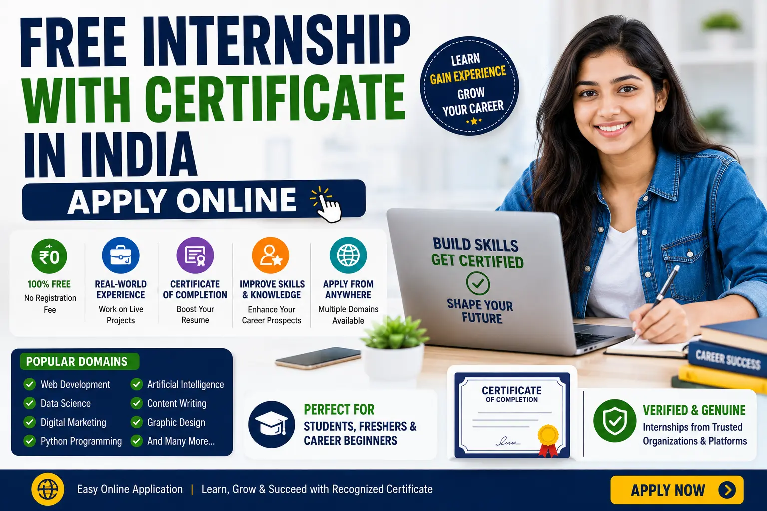 Free internship with certificate in India showing students applying online, gaining practical experience, developing skills, and receiving an internship certificate.
