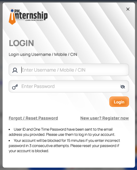 PM Internship Scheme login portal with username, mobile or CIN and password fields