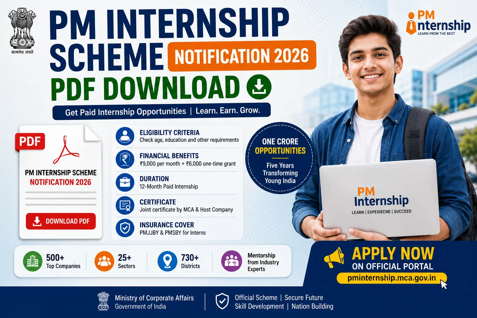 PM Internship Scheme Notification 2026 PDF Download showing a student checking the official internship notification, eligibility, financial benefits, certificate and online application information.