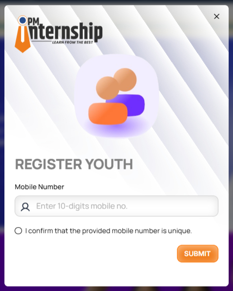 PM Internship Scheme youth registration screen with mobile number verification